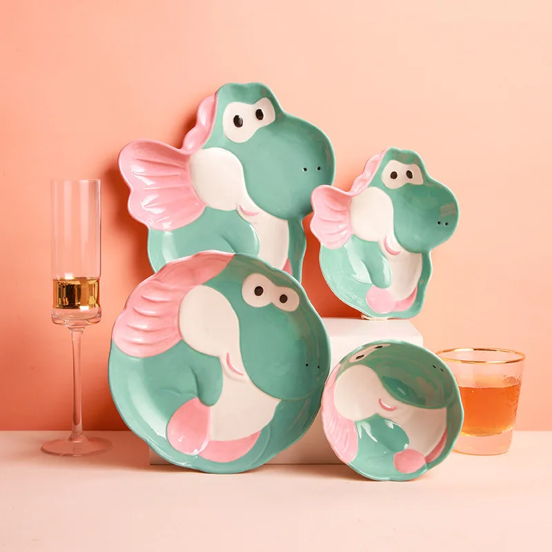 ZC OEM Colorful bowls creative personality Ceramic Tableware cute dinosaur fruit bowls Children dishes set plates dinnerware