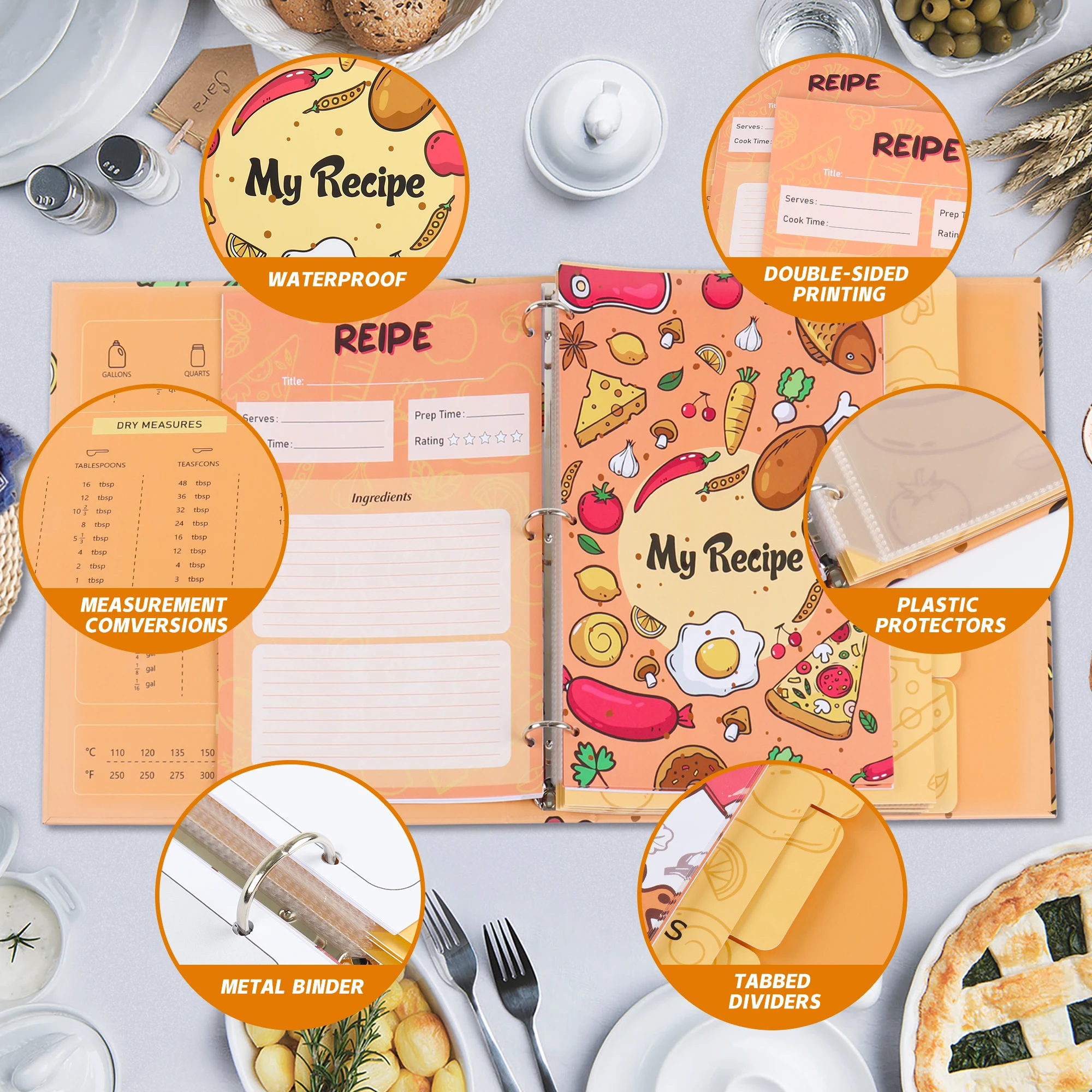 Custom Design 3 Ring Full Page Recipe Book Set Binder Page Protectors And 6 Dividers For Family Recipe Organizer