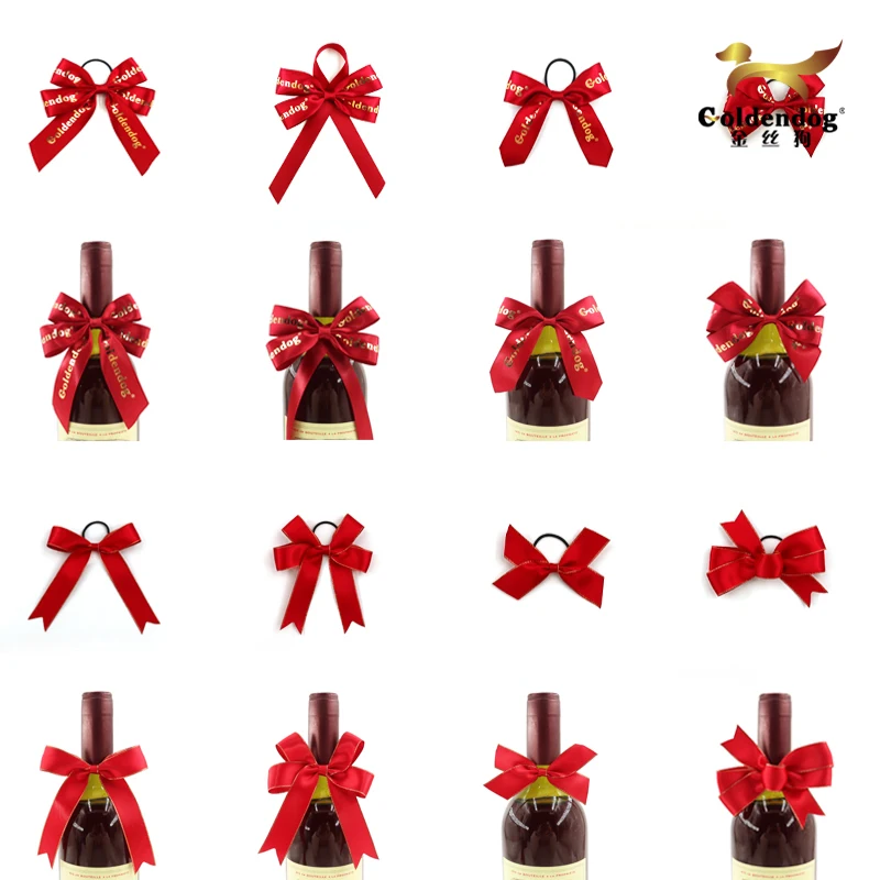 Customized Bottles Gift Decoration Custom Handmade Satin Grosgrain Ribbon Bow with Elastic Band Loop For Neck Bottle Wrapping