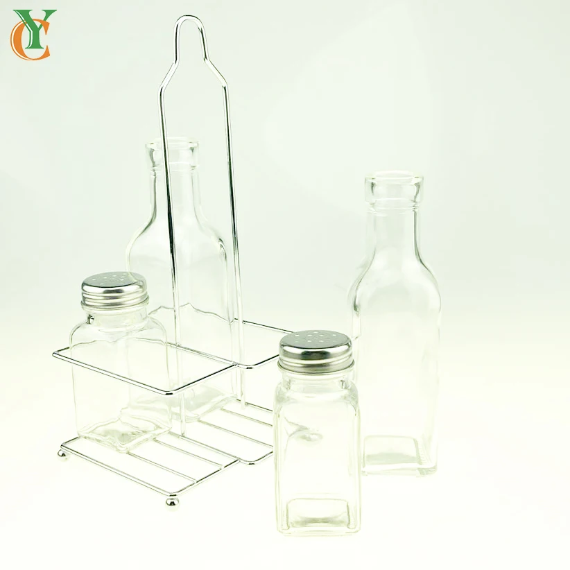 200ml transparent glass oil vinegar bottle and 80ml glass spice jar total four pcs rack set  kitchen