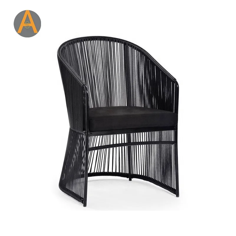 Modern aluminum frame armrest handle oval back Rattan strings rope outdoor dining chair for garden furniture