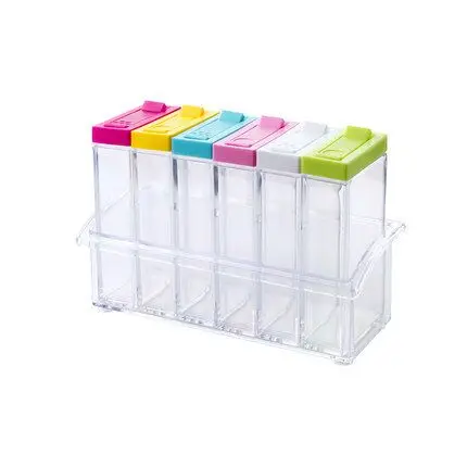 Transparent plastic seasoning box with base six piece bottle kitchen salt monosodium glutamate  jar storage box