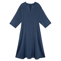 Fashion high end women royal blue belt 3/4 sleeve long satin dress with pockets