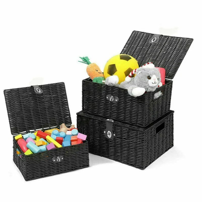 Kingwillow Gift Wicker Storage Woven Basket With Lid Lock Set 3