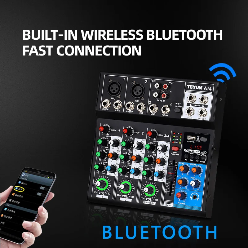 TEYUN AF4 Professional 4-way mixer 5V powered microphone reverb DJ Equipment mixer front effects bidirectional transmission mode