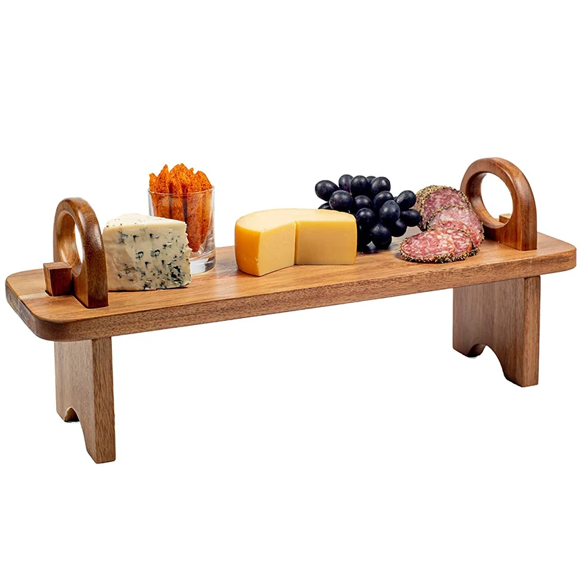 Acacia Wood Serving Board On Stand Wooden Food Cheese Tray Spice Shelf Rack