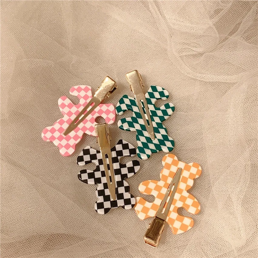 Women Fashion Acetic Acid Hair Clips Hair Accessories Cute Bear Checkered Girls Hair Clip Claw