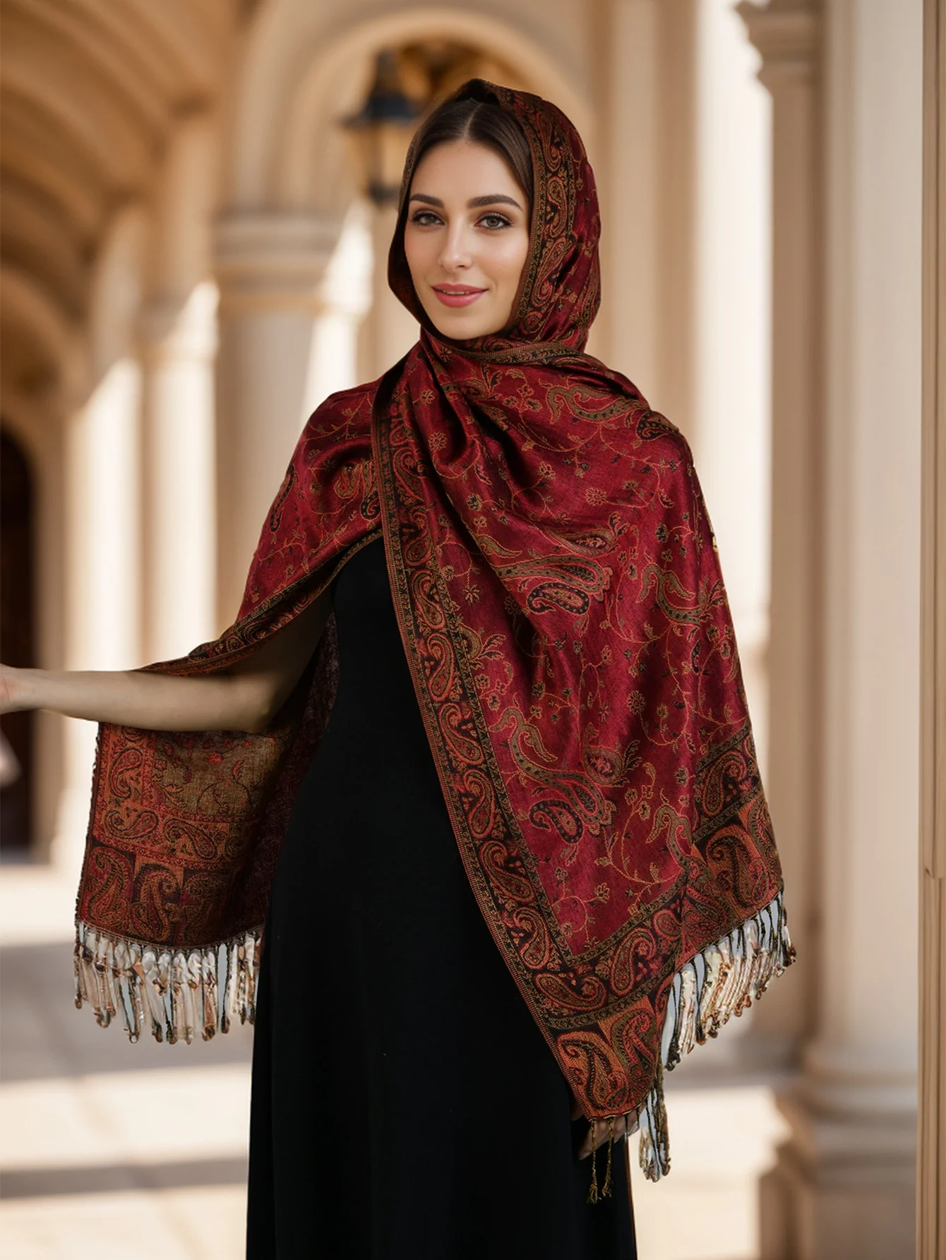 Fashion Vintage Muslim Wrap Tassel Jacquard Scarf Bandana Pashmina Hijab Ethnic Paisley Embroidered Shawl For Women