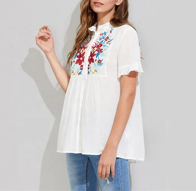 Embroidery Ruffles Shirt Short Sleeve White Blouse Women Cute Summer Tops Casual Button Up Tunic Blouse STb-0915