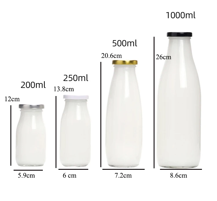 Wholesale in stock round Custom Juice 200ml 250ml 500ml 1000ml Beverage Bottle Juice Milk Bottle For Sale with the mental lids