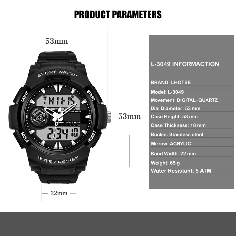 water resistant 30m  new double time sports alarm watch digital watches for men relogio masculinocustom watch relojes hombre