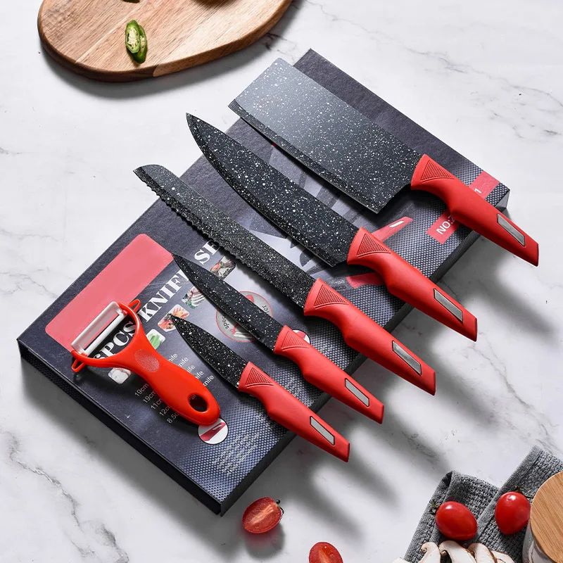 Hot Sell 6 Pieces Kitchen Knife Set New Design Non Stick Coating Stainless Steel Chefs Knife With Gift Box In Stock