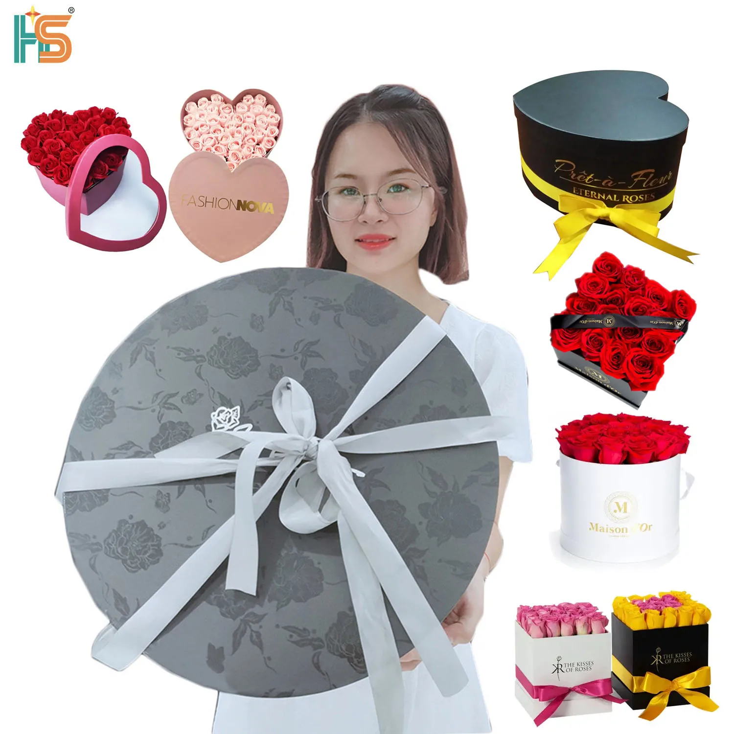 Custom Logo Ribbon Handle Grey Tube Paper Flower Gift Packaging Luxury Velvet Round Hat Boxes