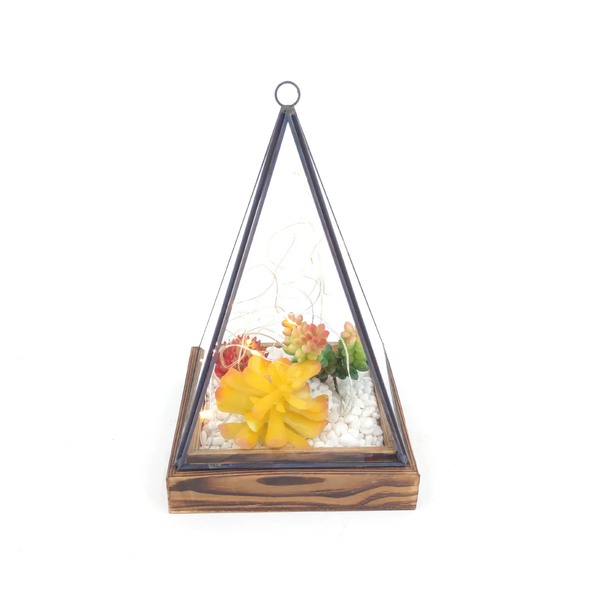 Geometric triangle clear glass indoor succulent plants hanging container terrarium decor with wood base for sale