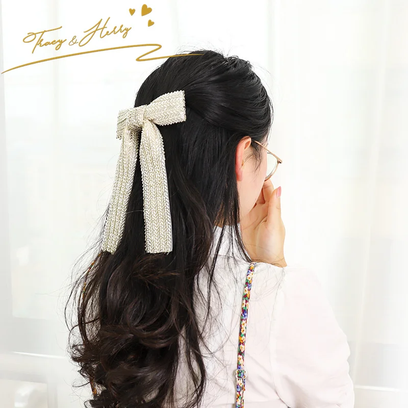 Tracy & Herry New Arriving Rhinestone Pearl Ribbon Butterfly Bow Spring Clamp Clips Beaded Hairpins Beaded Lady Ponytail