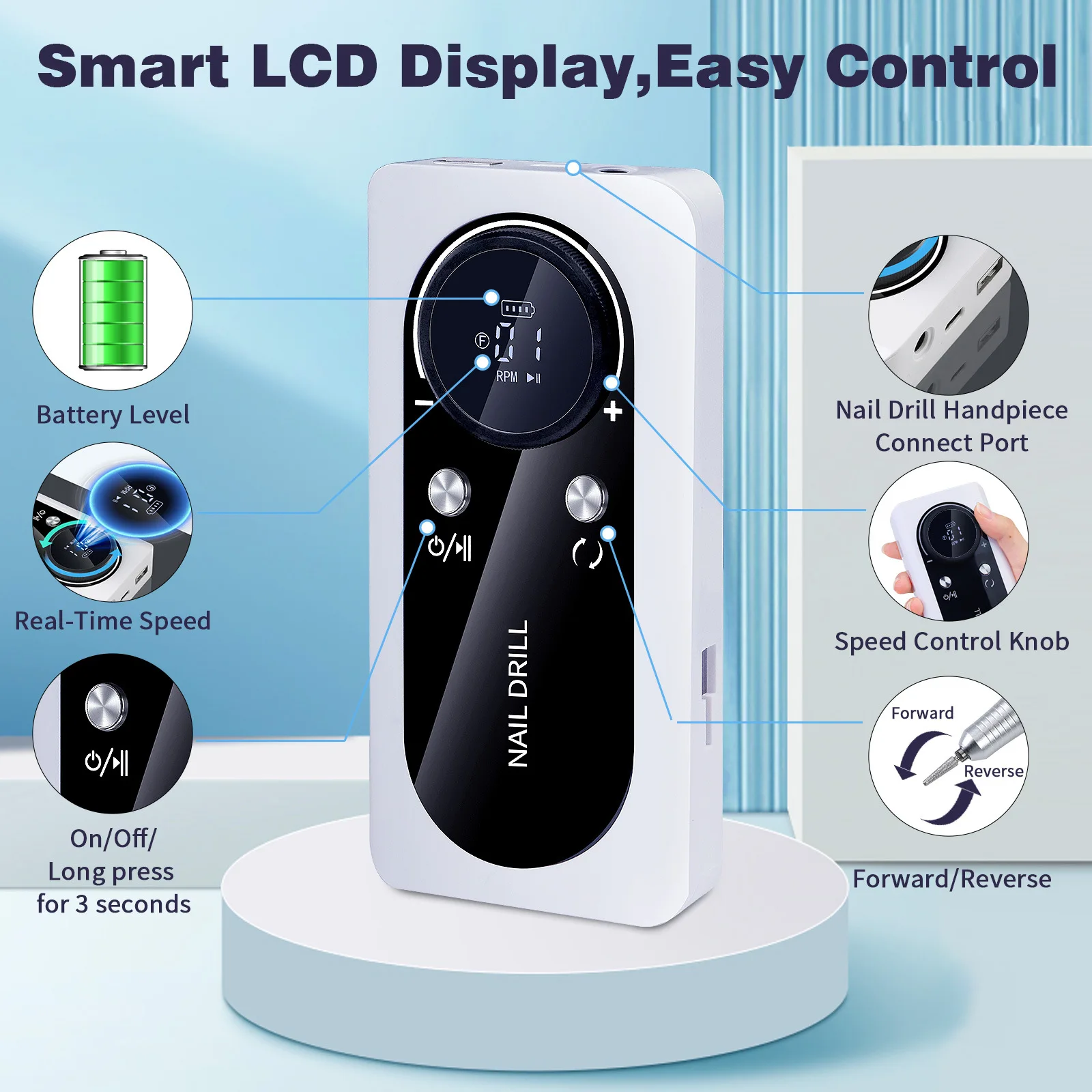 45000RPM Nail Drill Machine Electric Portable Nail File Rechargeable Sander for Gel Nails Polishing For Home Manicure Salon