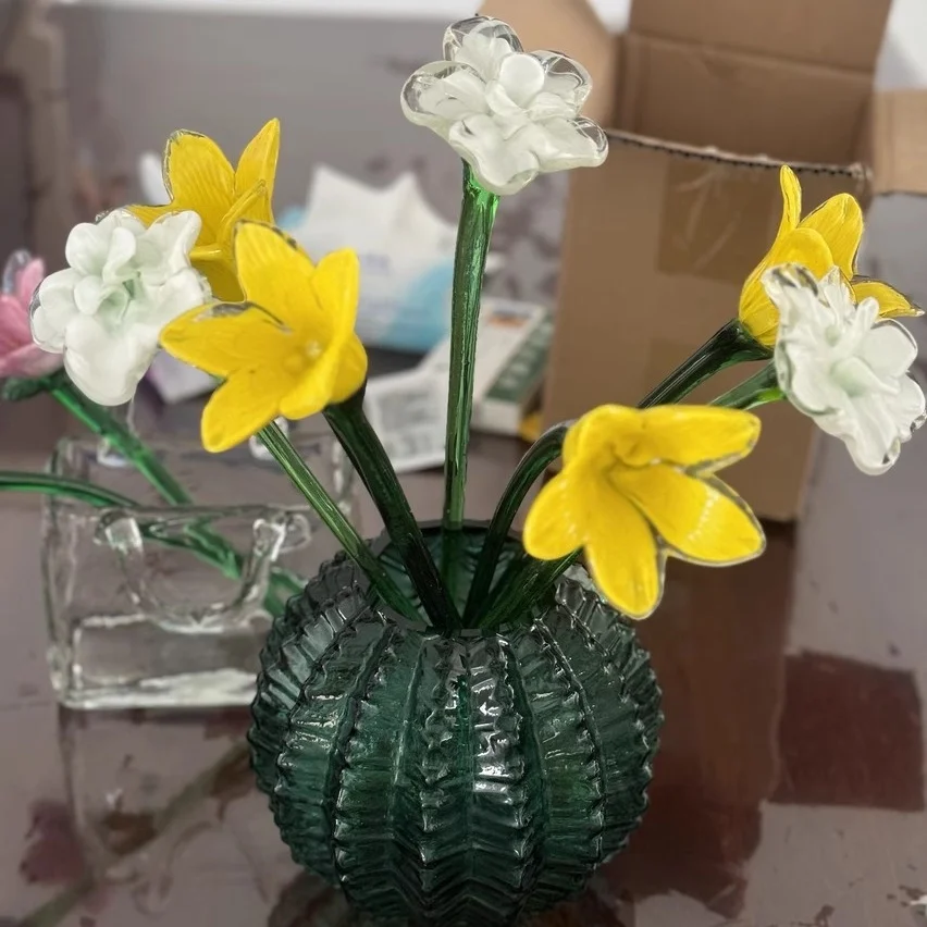 Artificial flowers Hand Blown Art Nordic Folk Art Decorative Long Stem vivid colored murano glass flower vase decoration flowers