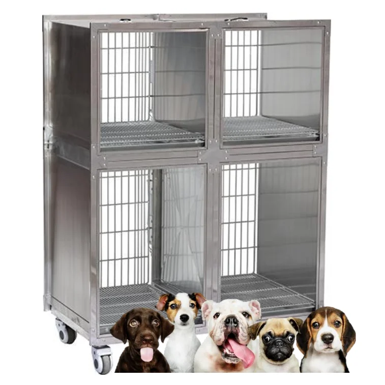 Hacenor Veterinary Stainless Steel Dog Cages Pet Icu Cage Vet Cage Bank  With Wheels For Animal Hospital
