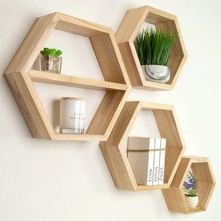 Best selling nature wood sturdy Wall Hanging Honeycomb Decor hexagon shelves