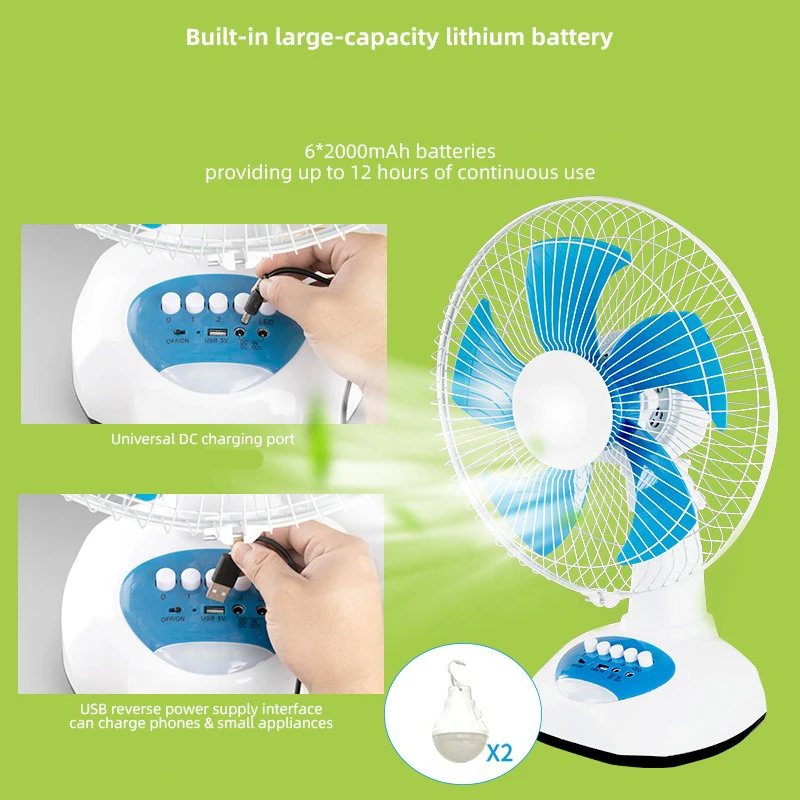 Built-in LED Lithium Battery Solar Panel Fan Home Rechargeable 12 Inch 3 Gears Table Solar Fan