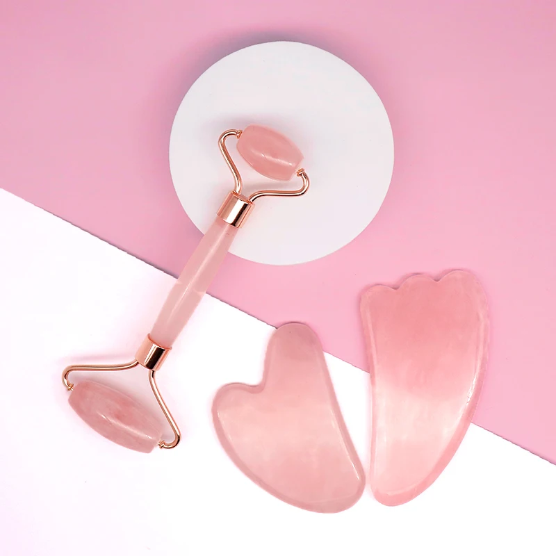 Wholesale Private Label Face Care Anti-Aging Rose Quartz Gua Sha and Jade Roller Of Clamshell Box Facial Roller