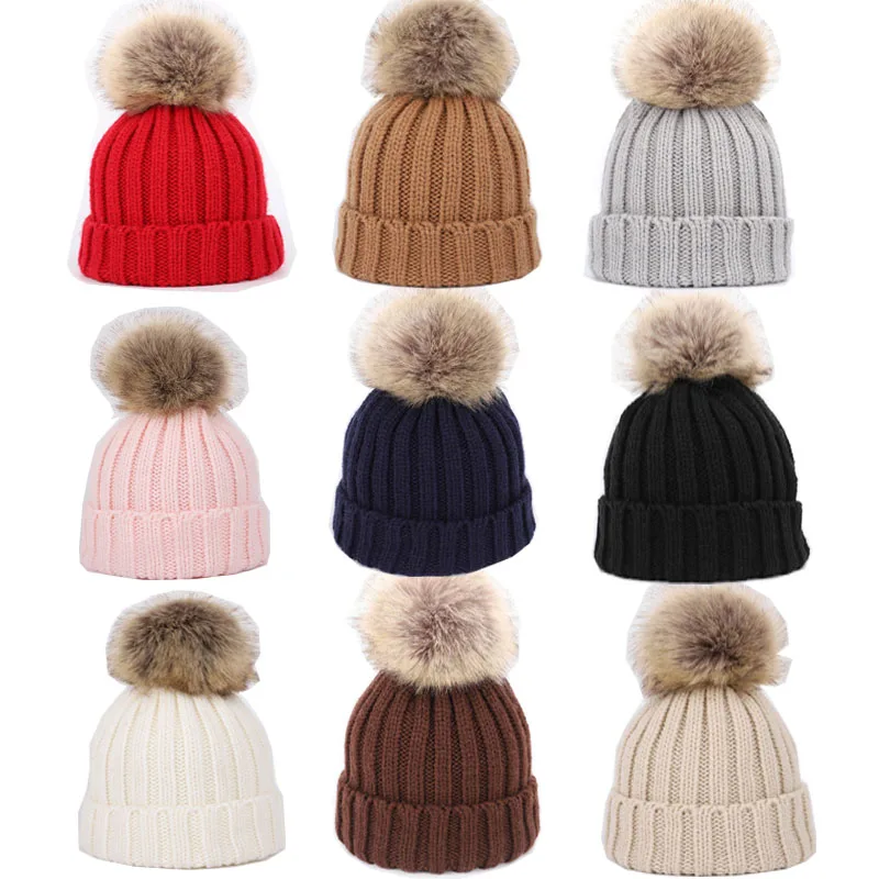 
RTS Puffy fur pom poms kids winter beanie wool knitted children hats 