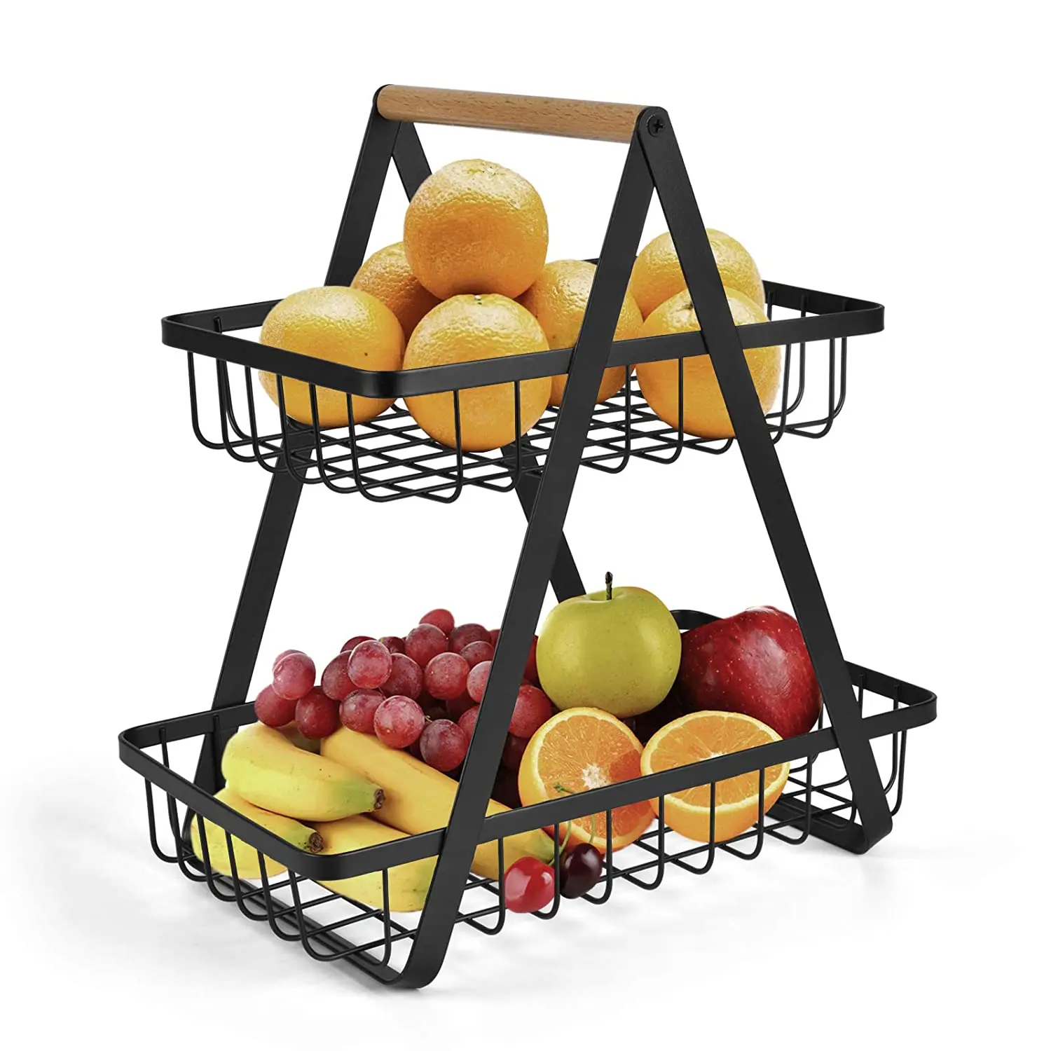 PF-FB020 2-Tier Countertop Fruit Basket Fruit Bowl Bread Basket Vegetable Holder for Kitchen Storage, Black