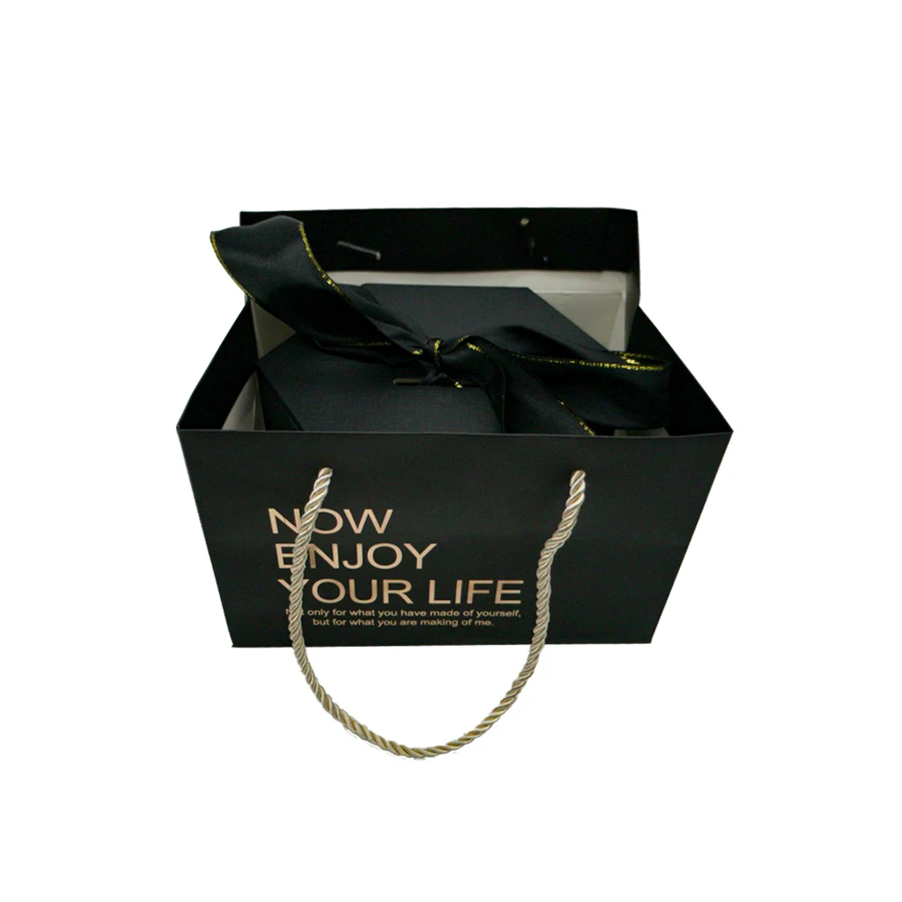 Heart box beauty gift packaging with ribbon gift bags set custom logo black cardboard box