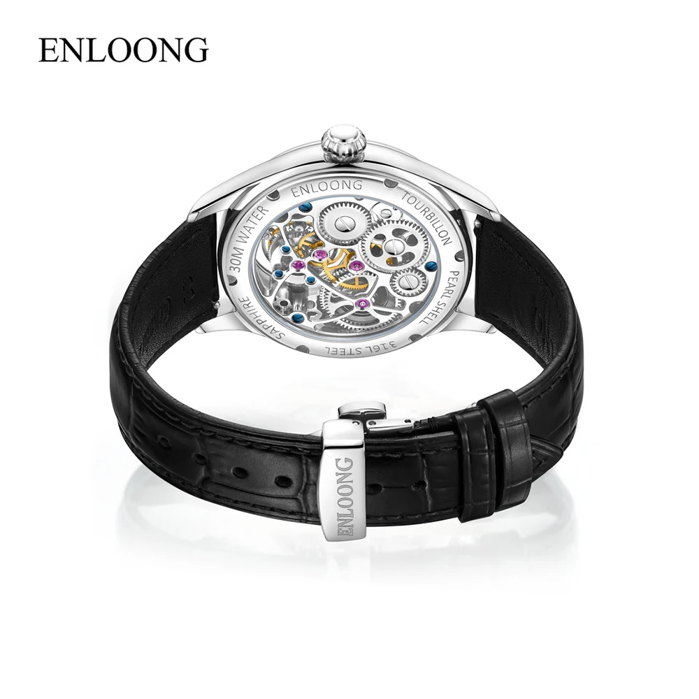 ENLOONG Custom Chrome Brand Luxury Flying Tourbillon Watch Private Label Pearl Shell Luminous Manual Winding Men Watch