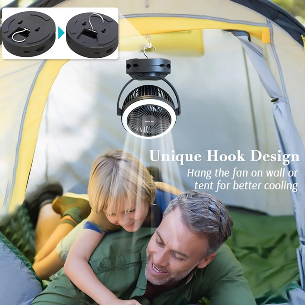 Portable Camping Fan with Hanging Hook Desk Fan LED Lamp 10000 mAh Multi Function Clip On Hook Table Fan For Outdoor Travel Camp