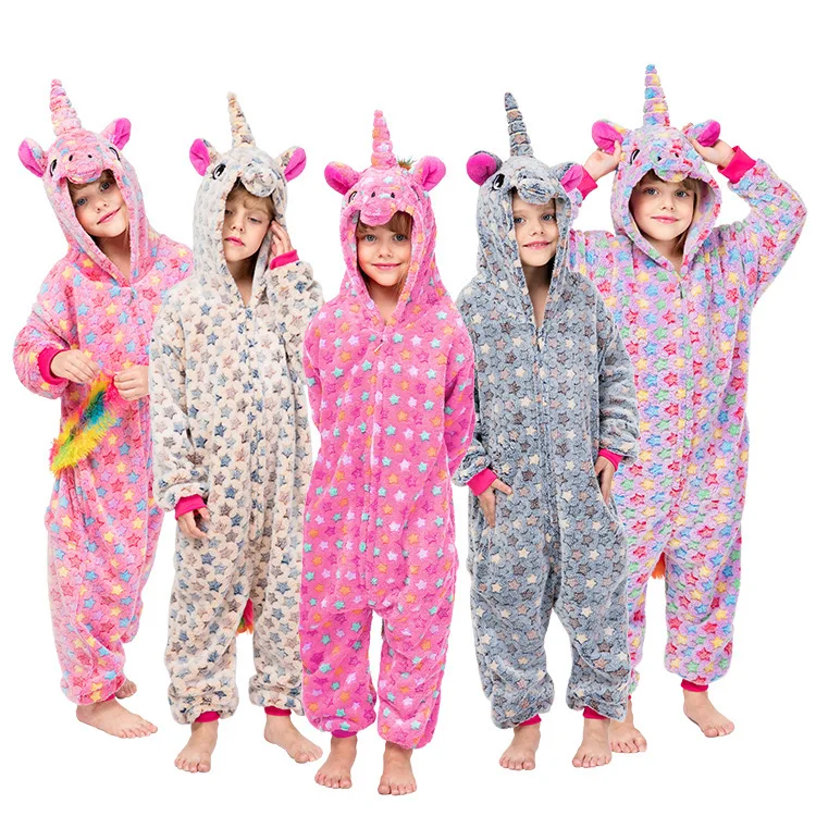 Kigurumi Unicorn nightclothes Flannel Home Wear Suit Animal Pajamas Winter nightgown Cartoon Hooded Kids sleepwear