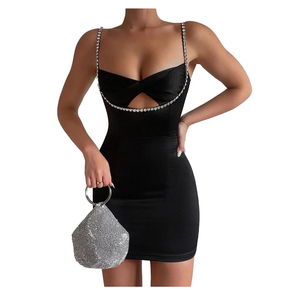 6540 Elegant night club dress Spaghetti Strap slip mini evening sequined party sexy hollow out black dress 2022 Summer Outfit