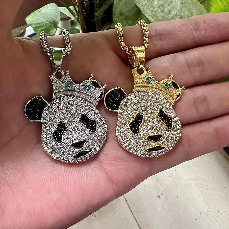 Iced Out Jewelry Stainless Steel Crystal Diamond Panda Necklace Custom Gold Plated Crown Pendant Necklace