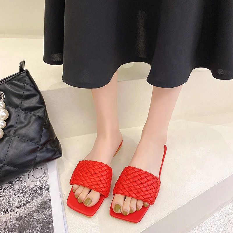 Ladies Elegant Casual Pu Leather Slippers Shoes Girl Square Toe Summer Flat Sandals