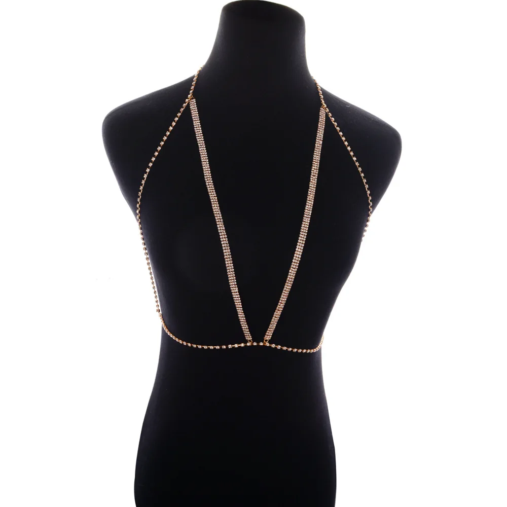 Wholesale Crystal Sexy Bra Chest Chain Shinning Rhinestone Beach Bikini Belly Chain Women Fashion Jewelry Body Chain