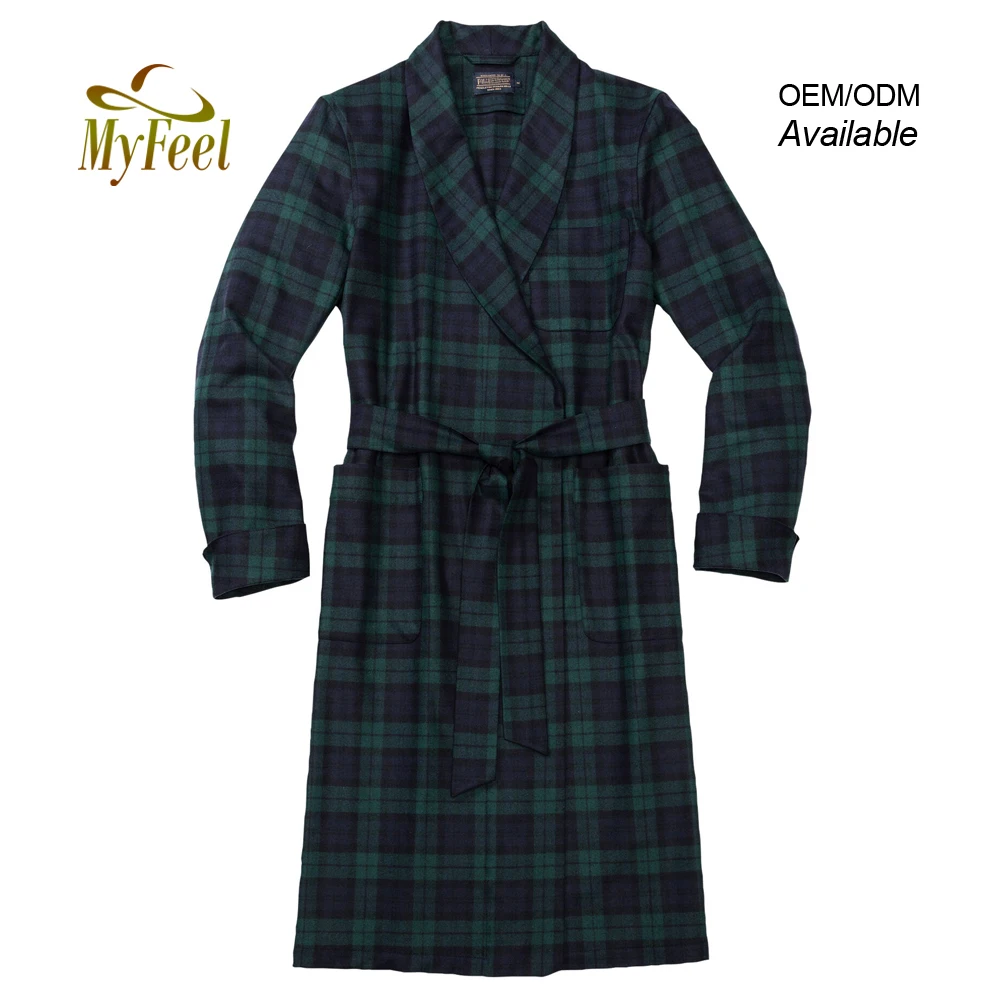 
 Мужской моющийся шерстяной халат в клетку, с тремя накладными карманами, отложными манжетами и поясом, флисовый пеньюар  