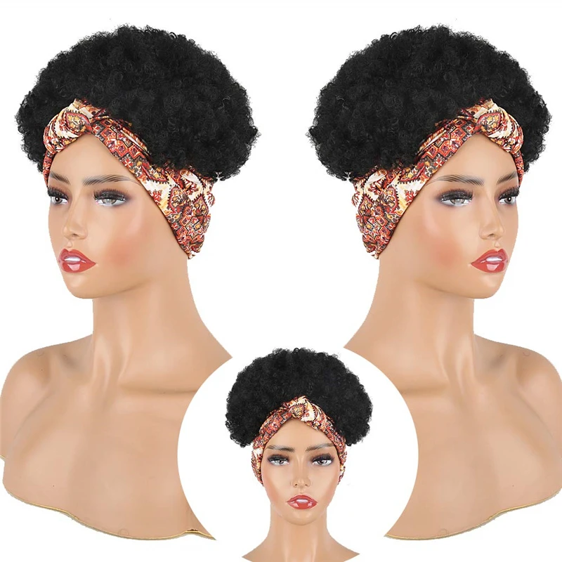 Synthetic High Puff Afro Ponytail Drawstring Wrap Headband Wig for Black Women