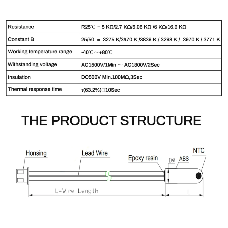 5K waterproof moistureproof NTC temperature sensor for refrigerator temperature testing and control