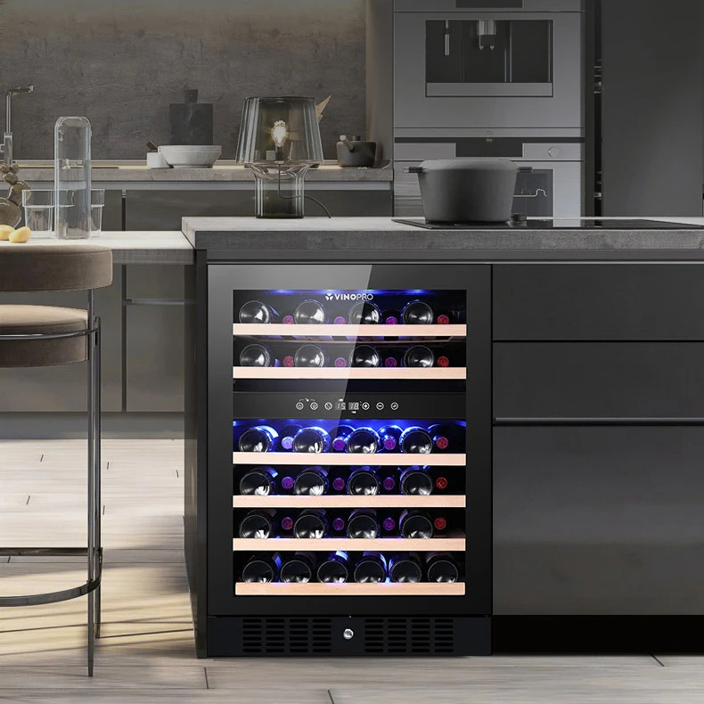 Vinopro 46 Bottles built-in led light wine fridge cabinet dual zone wine cellar cooler with wooden beech shelves