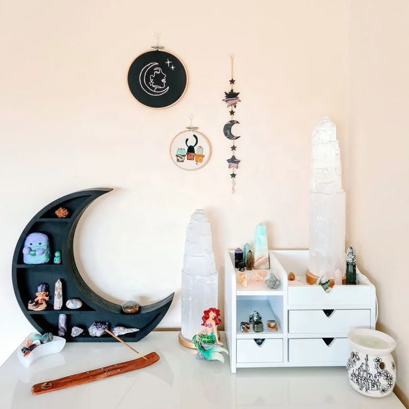Wooden Moon Shape Wall Decor Bathroom crystal Organizer shelf for crystal displaying