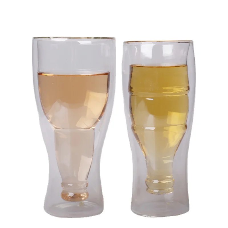 Wholesale price  12oz double wall beer bottle shaped heat resistant  beer glass