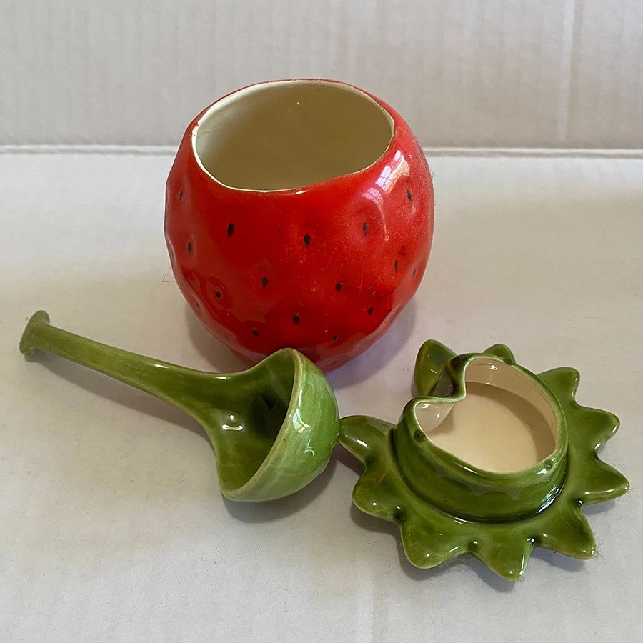 Vintage Strawberry Jam Pot Jar Lid Spoon Ceramic Pottery Vibrant Colors Very Good Euc Mcm MID Century Modern Fruit Collection