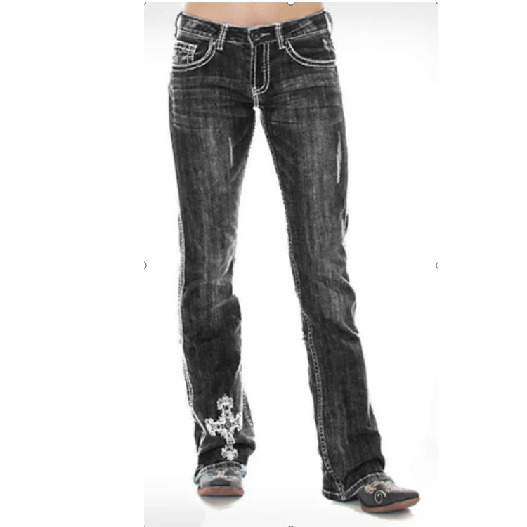 
Wholesale 2020 New Style Embroidery Straight Fashionable stacked Jeans Pants For Women 