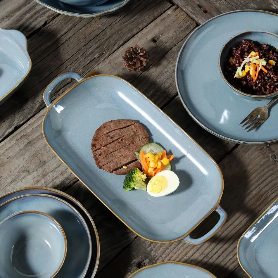 Eco-friendly reactive glazed blue dining charger plates sets dinnerware serving ceramic dinner plate