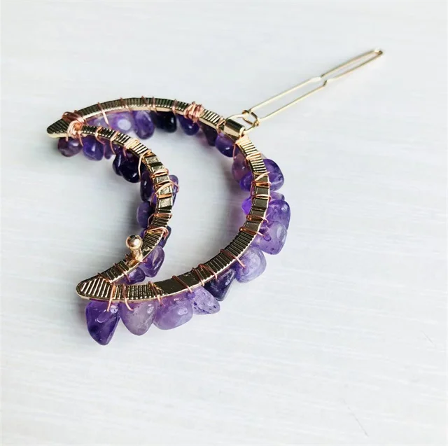Hot Selling Natural Amethyst Gravel Moon Hair Accessories Clip Powder Crystal  Hair Grab Hairpins Wholesale