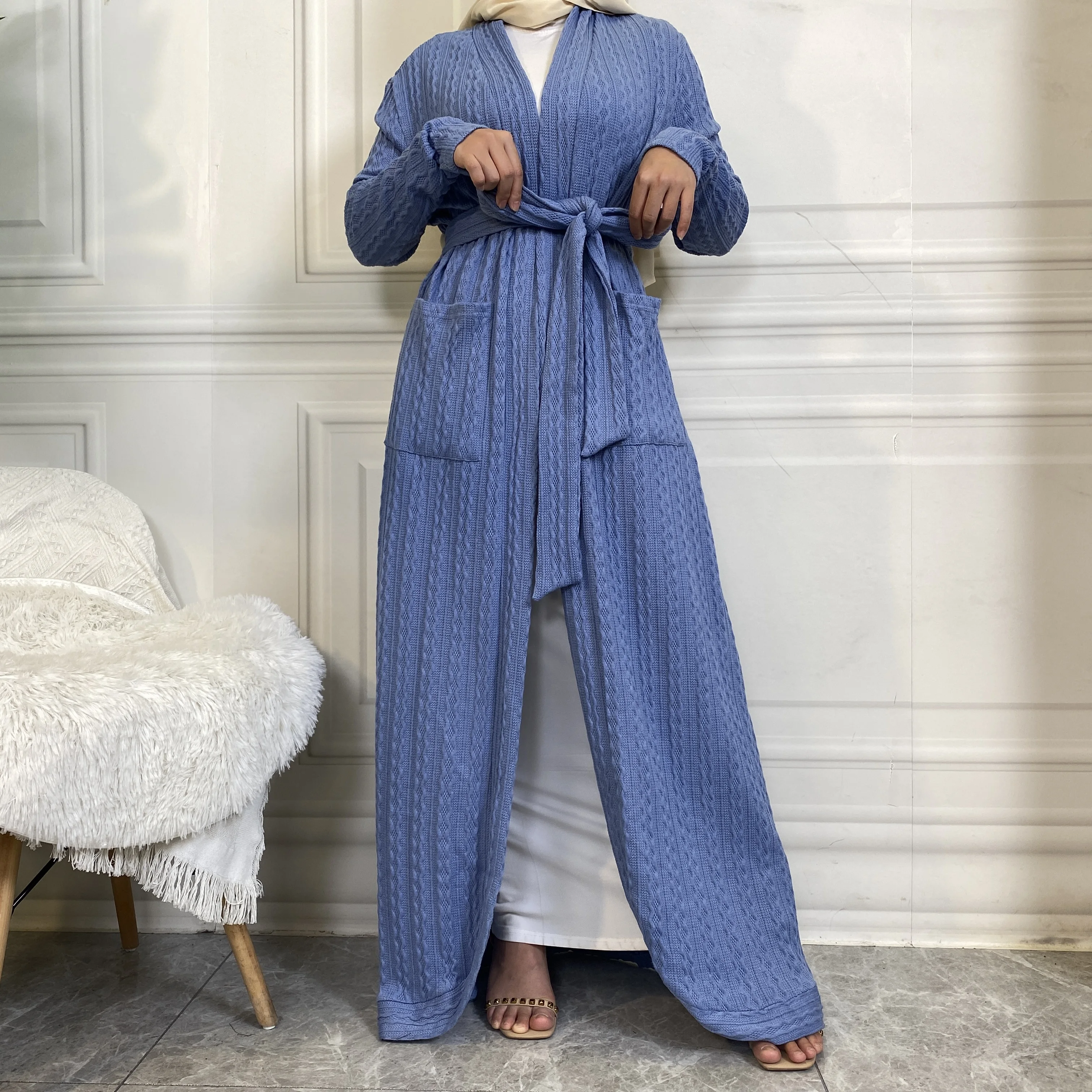 1952# New Fashion 2023 Elegant Pure Color Strip Covered Pocket Muslim Islamic National Female Abaya For Women Dubai Fashion Robe