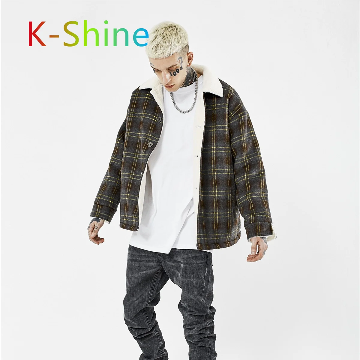 2021Fashion brand plaid pattern lambkin thick cotton jacket jacket long sleeves black and white plaid men autumn winte