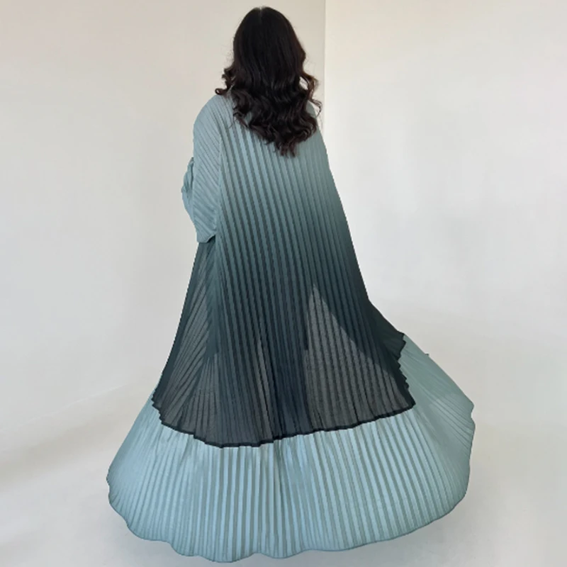 Dubai Middle East two tone chiffon pleated dress abaya factory custom doubles side open abaya with chiffon hijab