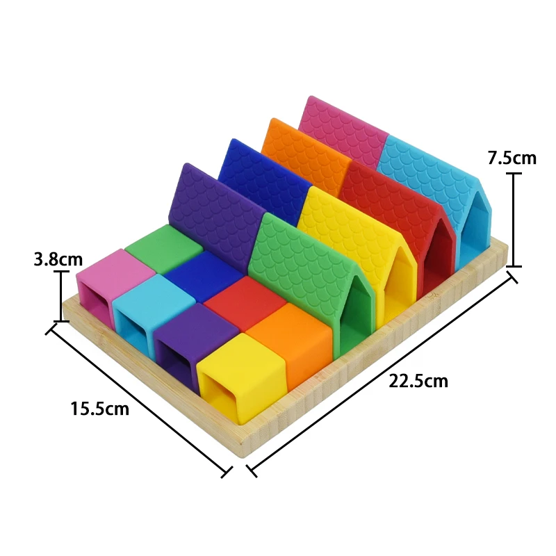 Rainbow colors Silicone Baby Montessori Soft Building Blocks house Stacking with Sorting Tray for Toddlers