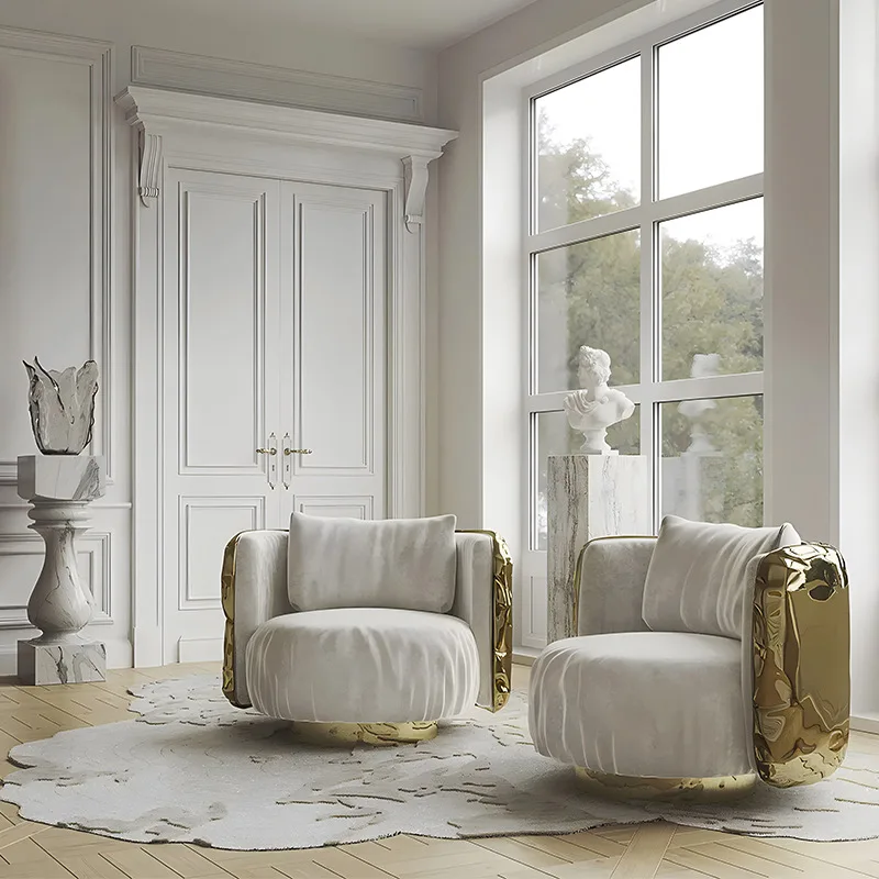 Luxury Living Room Leisure Chair Golden Polish Brass Accent Chair Genuine Leather Armchair For Hotel Home